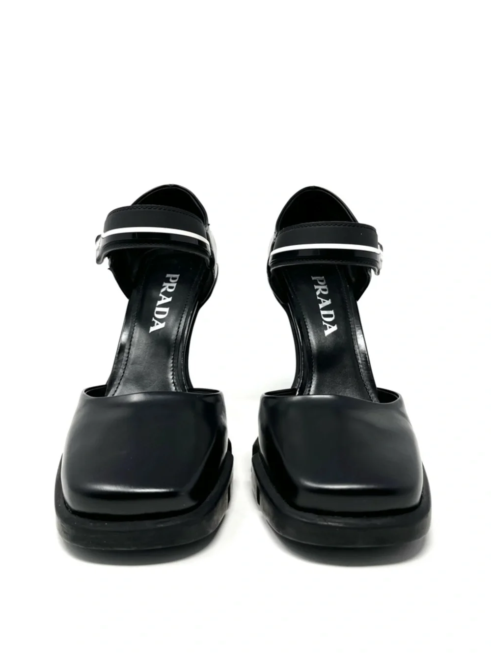 Prada Mary Jane Chunky Platform Logo High Heels Pumps Black White Leather 37 7